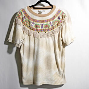 VTG 80s Rodeo T Shirt Ringer Tee Fringe Boho Western Beige Sz S Tribal Aztec SEE